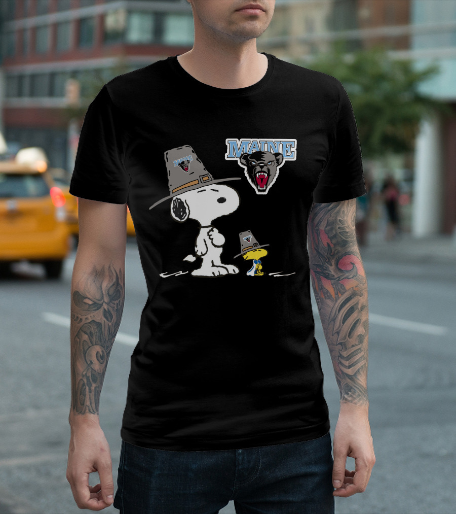 Maine Black Bears Snoopy Woodstock Pilgrim Hat T-Shirt
