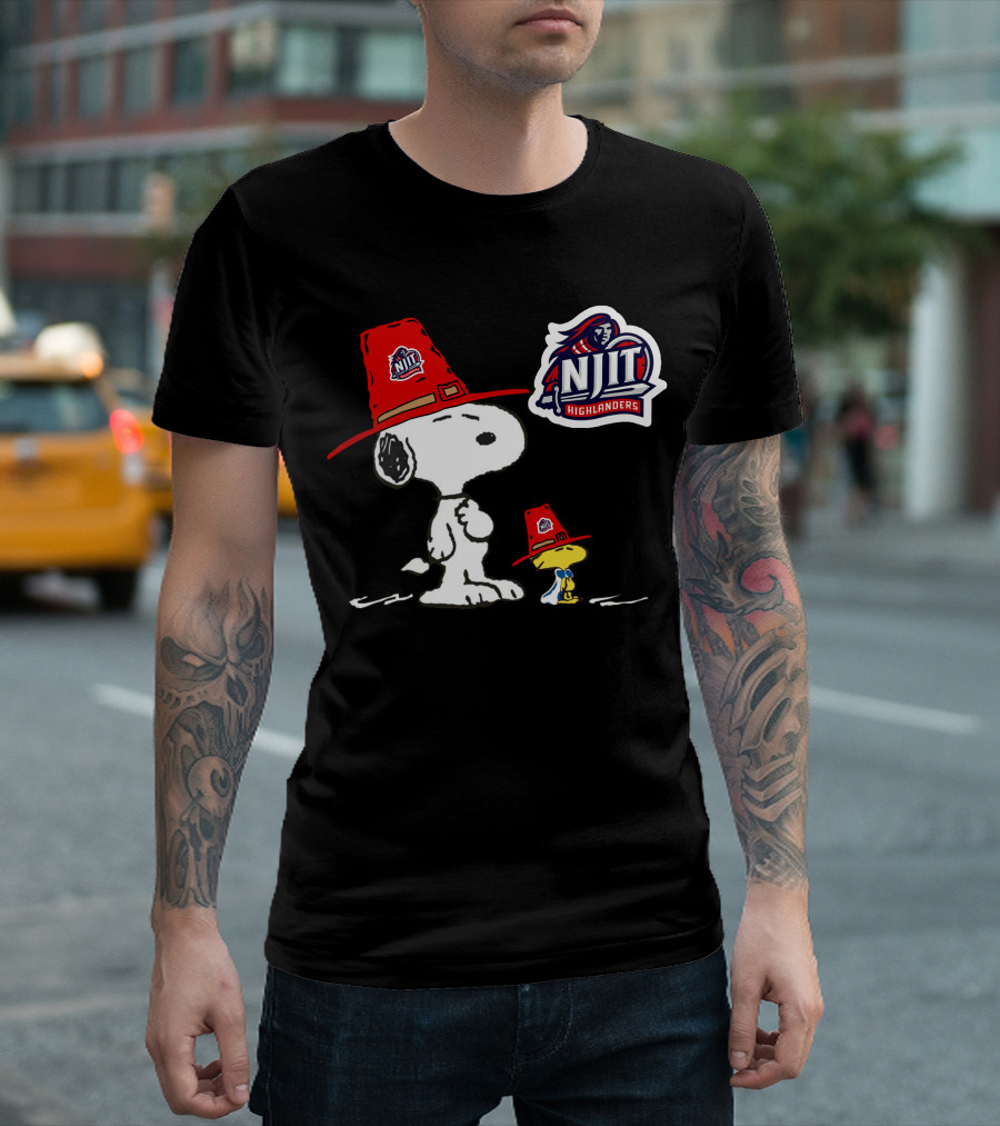 NJIT Highlanders Snoopy and Woodstock Wearing Red Hats T-Shirt