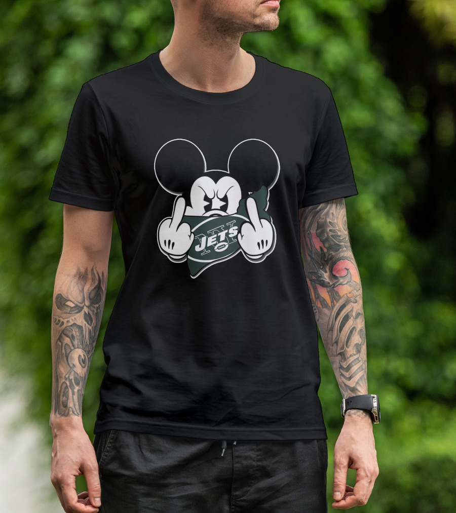 Mickey Mouse Holding New York Jets Football Logo With Gesture T-Shirt