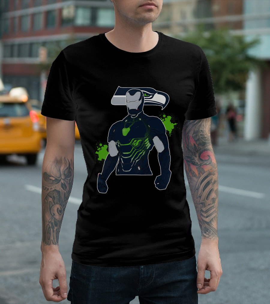 Iron Man Seattle Seahawks Fusion Football Hero Iconic Crossover T-Shirt