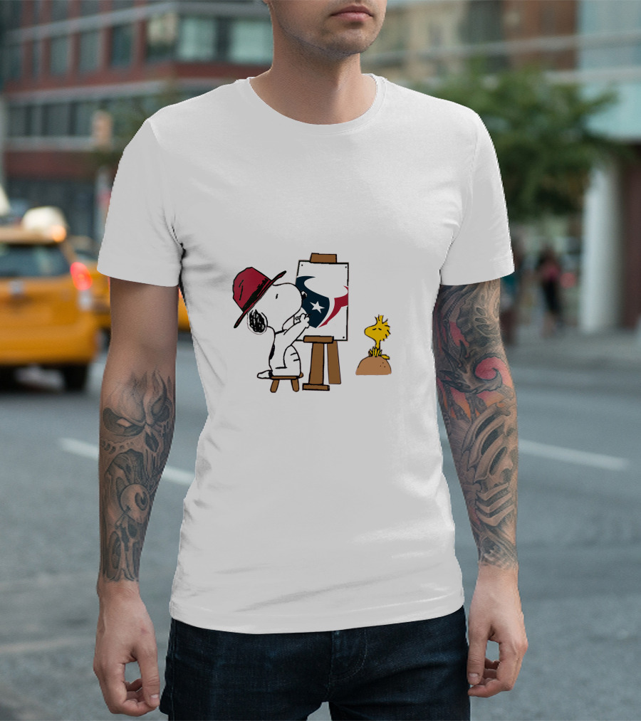 Snoopy Painting Houston Texans Logo With Woodstock T-Shirt