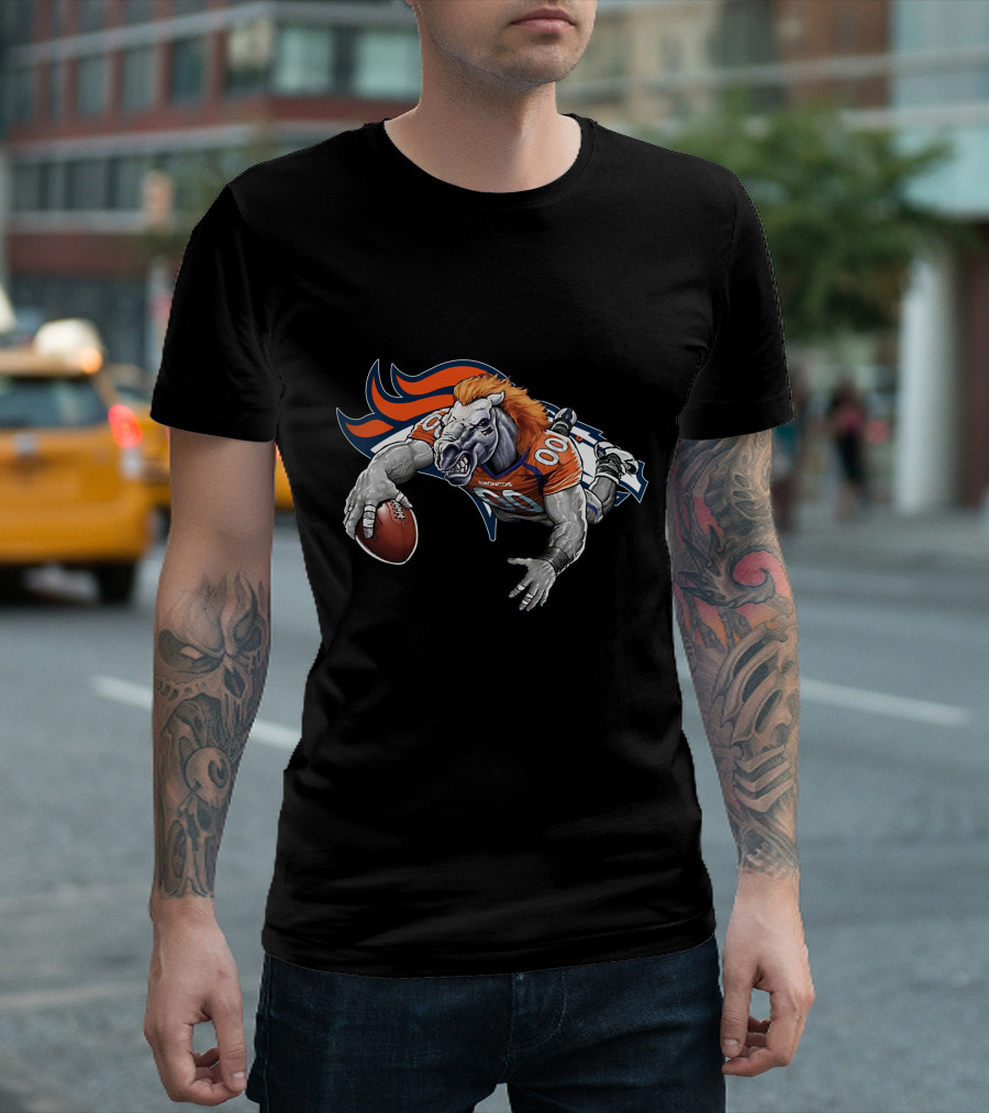 Denver Broncos Mascot Football Action With Orange And Blue T-Shirt