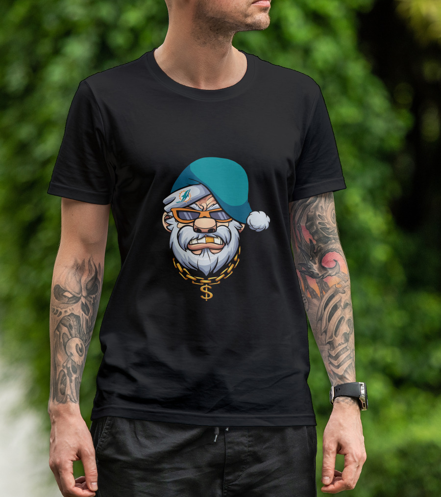 Miami Dolphins Gangster Santa With Shades And Gold Chain T-Shirt