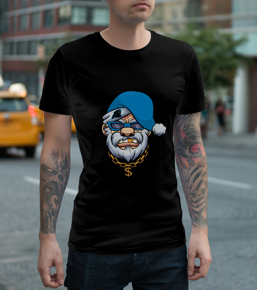 Panthers Gangster Santa With Blue Hat And Gold Chain T-Shirt