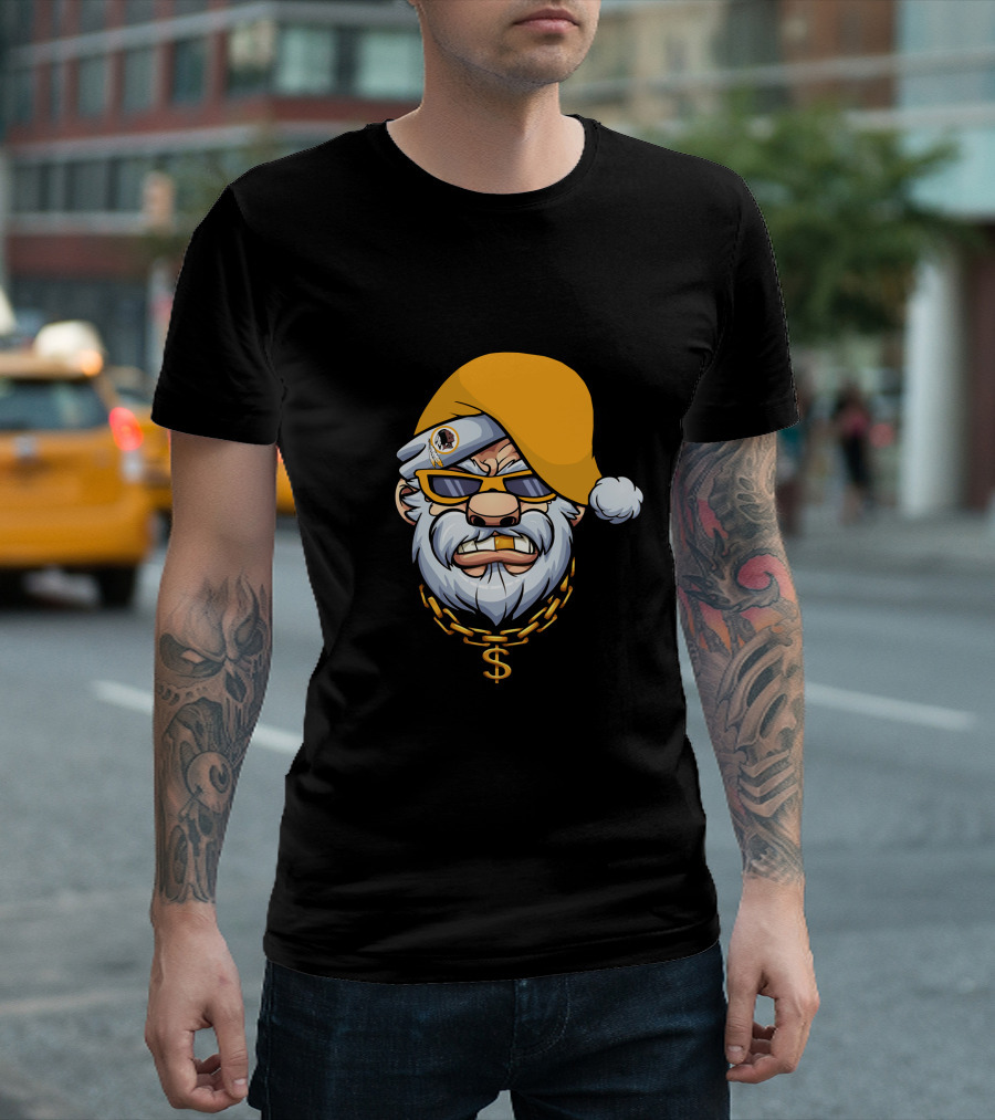 Santa With Gangster Style Gold Hat And Chain Featuring Washington Football Team T-Shirt
