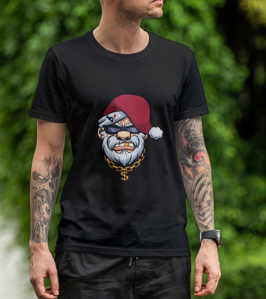 Texans Gangster Santa Wearing Sunglasses And Santa Hat With Dollar Sign Chain T-Shirt
