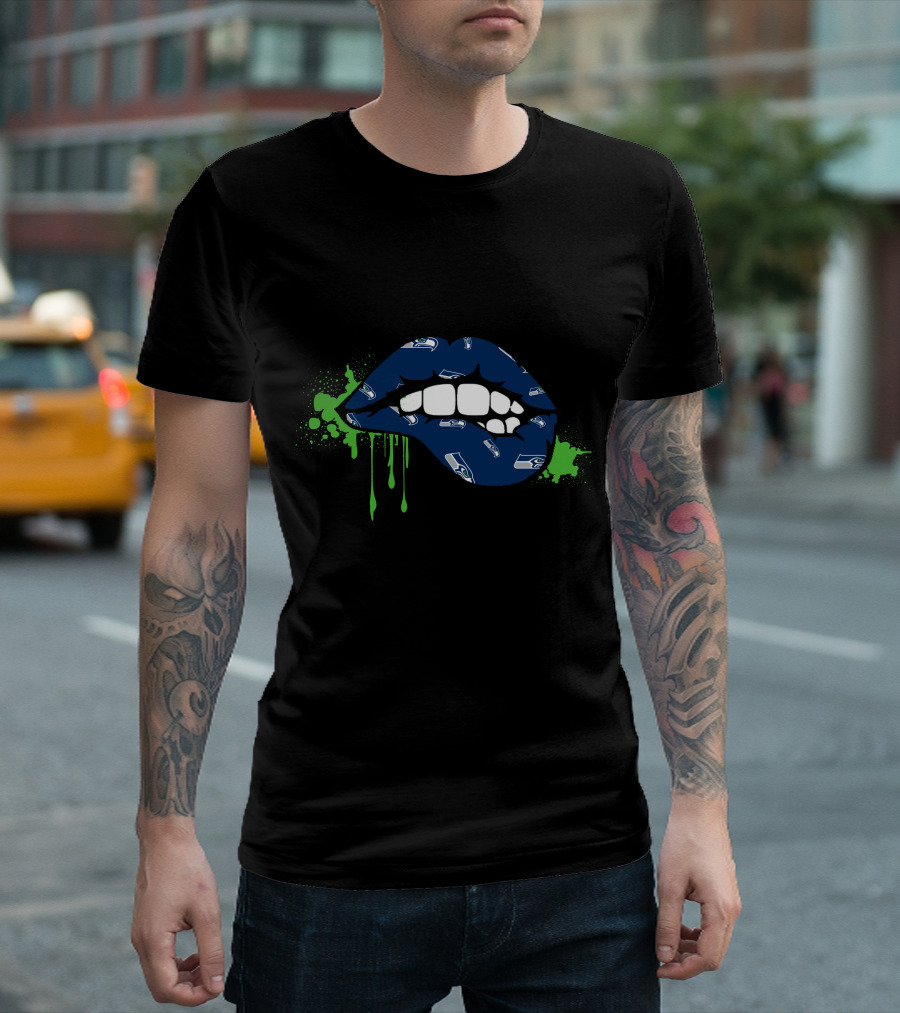 Seahawks Logo Dripping Lips In Blue And Green T-Shirt