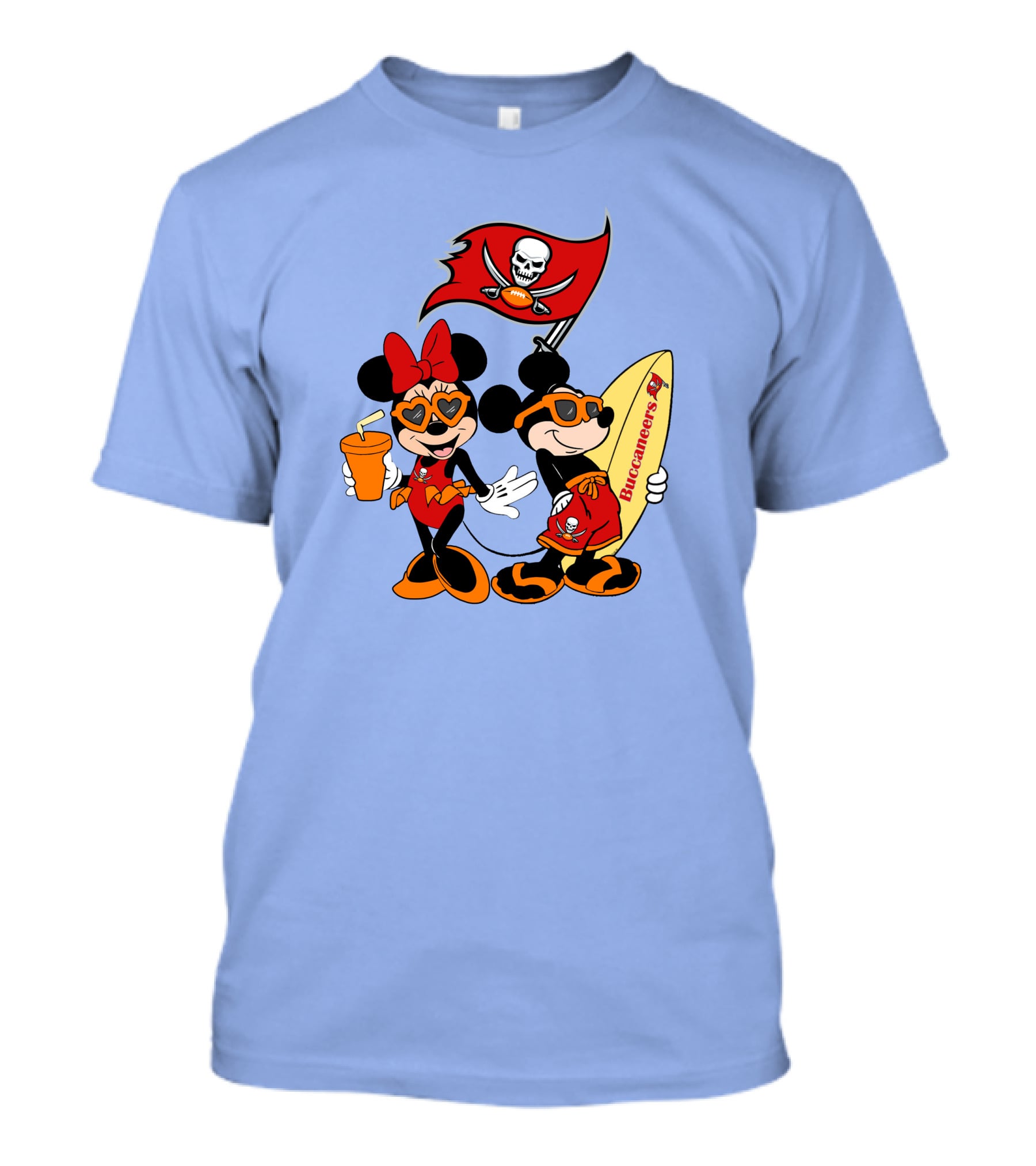 Buccaneers Vacation Mickey And Minnie With Pirate Flag And Surfboard T-Shirt