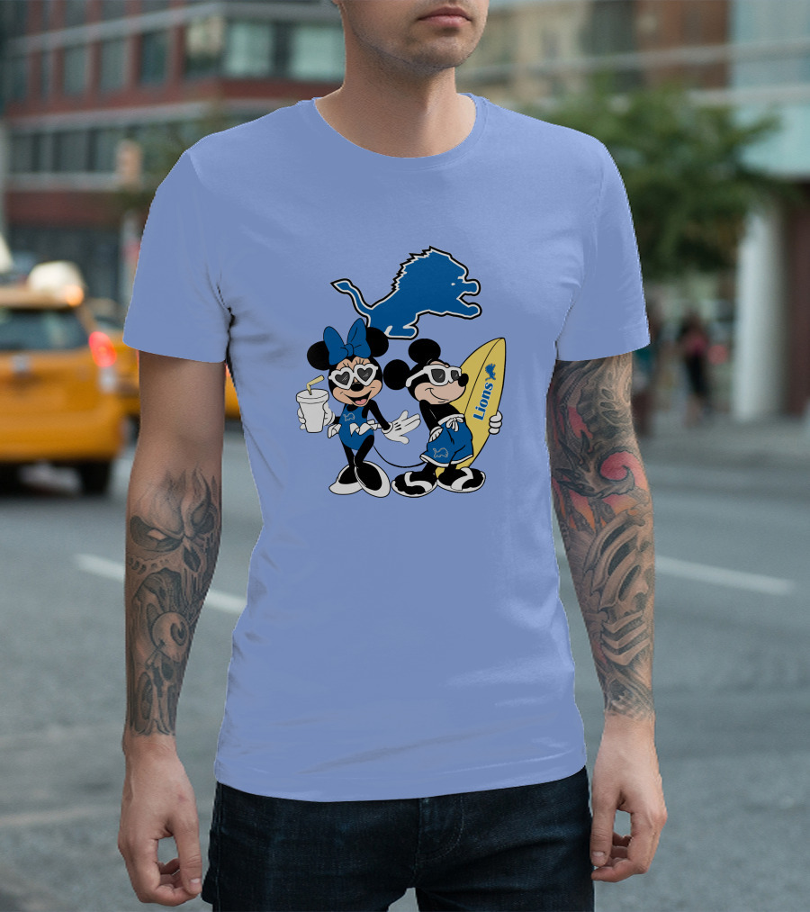 Lions Mickey And Minnie Happy Vacation With Surfboard And Drink T-Shirt