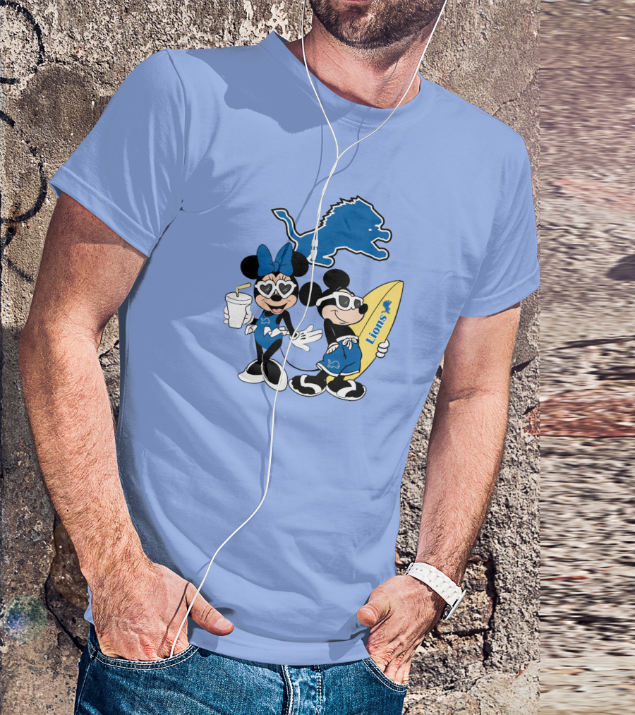 Lions Mickey And Minnie Happy Vacation With Surfboard And Drink T-Shirt