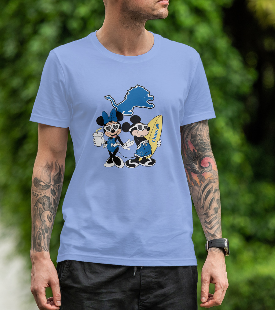 Lions Mickey And Minnie Happy Vacation With Surfboard And Drink T-Shirt