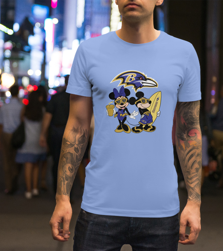 Ravens Mickey Minnie Vacation Surfing Football Fan Celebration T-Shirt