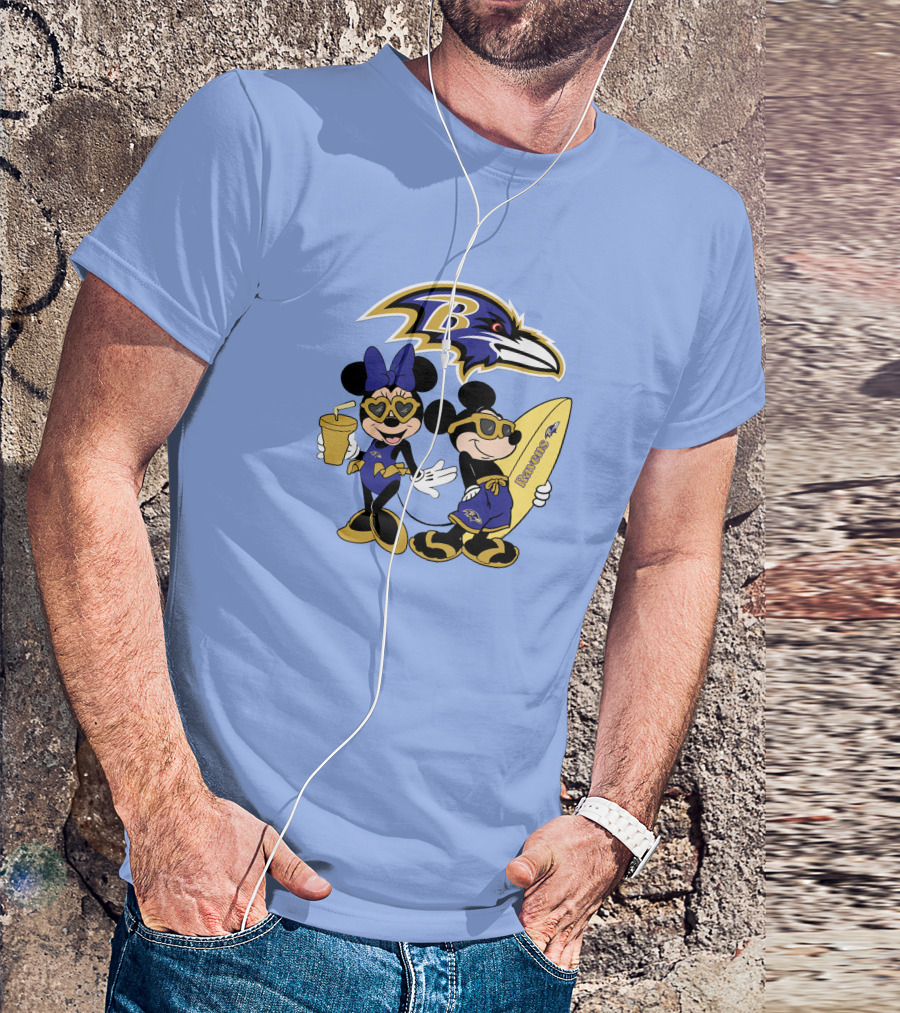 Ravens Mickey Minnie Vacation Surfing Football Fan Celebration T-Shirt