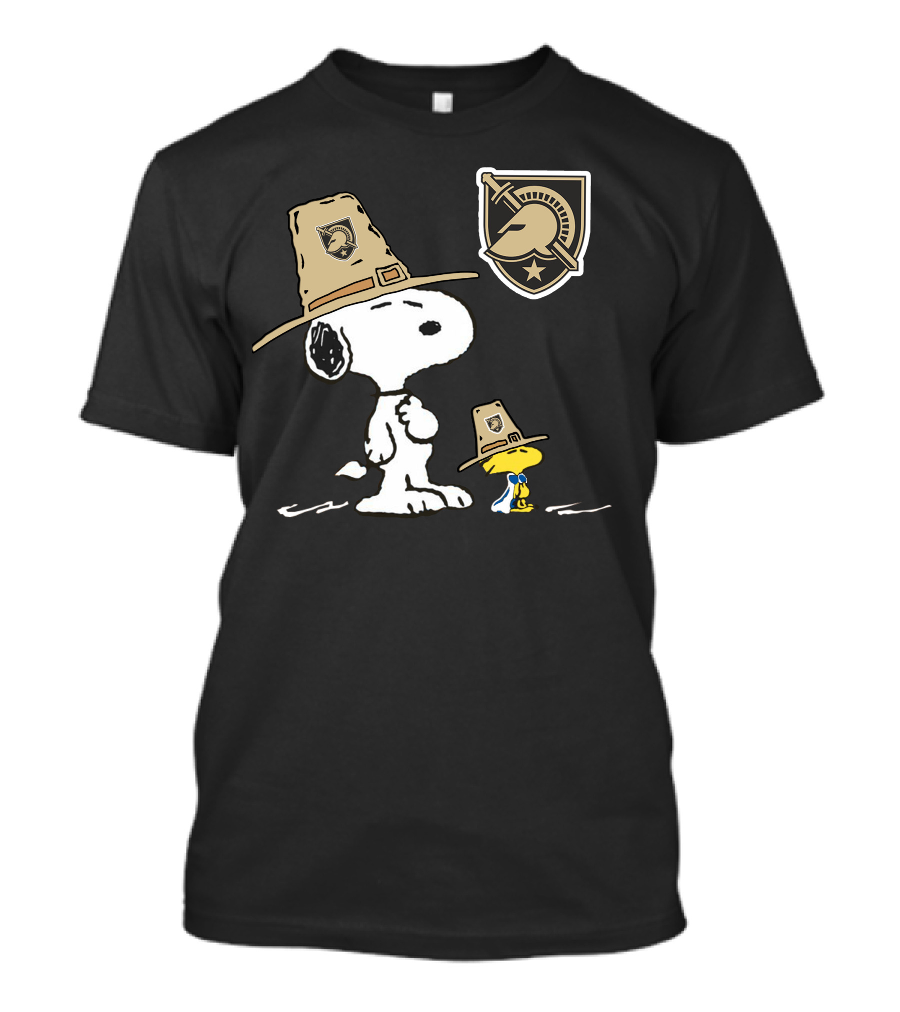 Snoopy And Woodstock With Army Black Knights Logo In Pilgrim Hats T-Shirt
