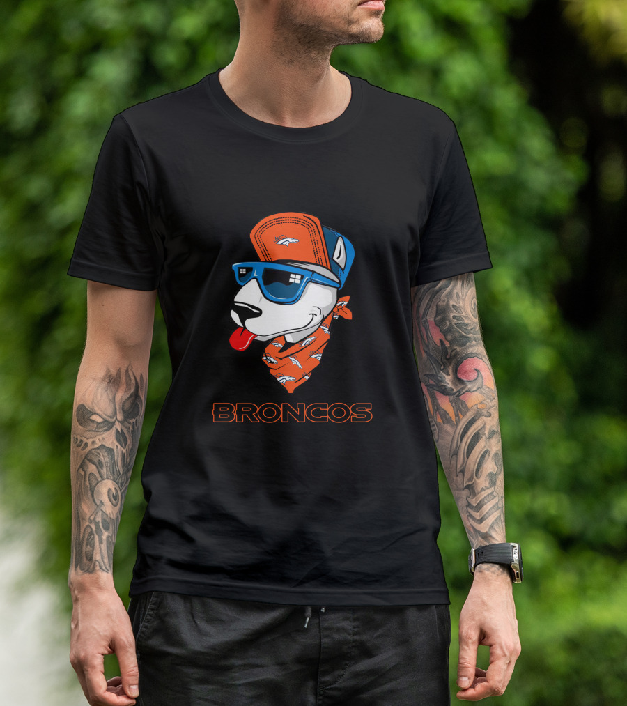 Broncos Bull Terrier With Hat Sunglasses And Bandana T-Shirt