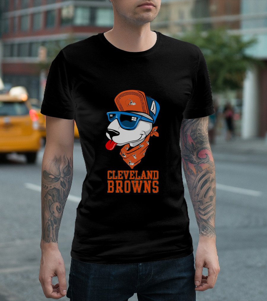 Cleveland Browns Bull Terrier with Sunglasses and Bandana T-Shirt