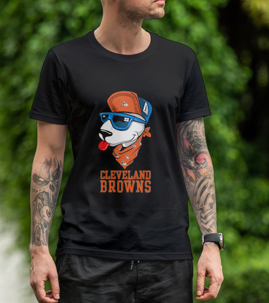 Cleveland Browns Bull Terrier With Sunglasses And Bandana T-Shirt