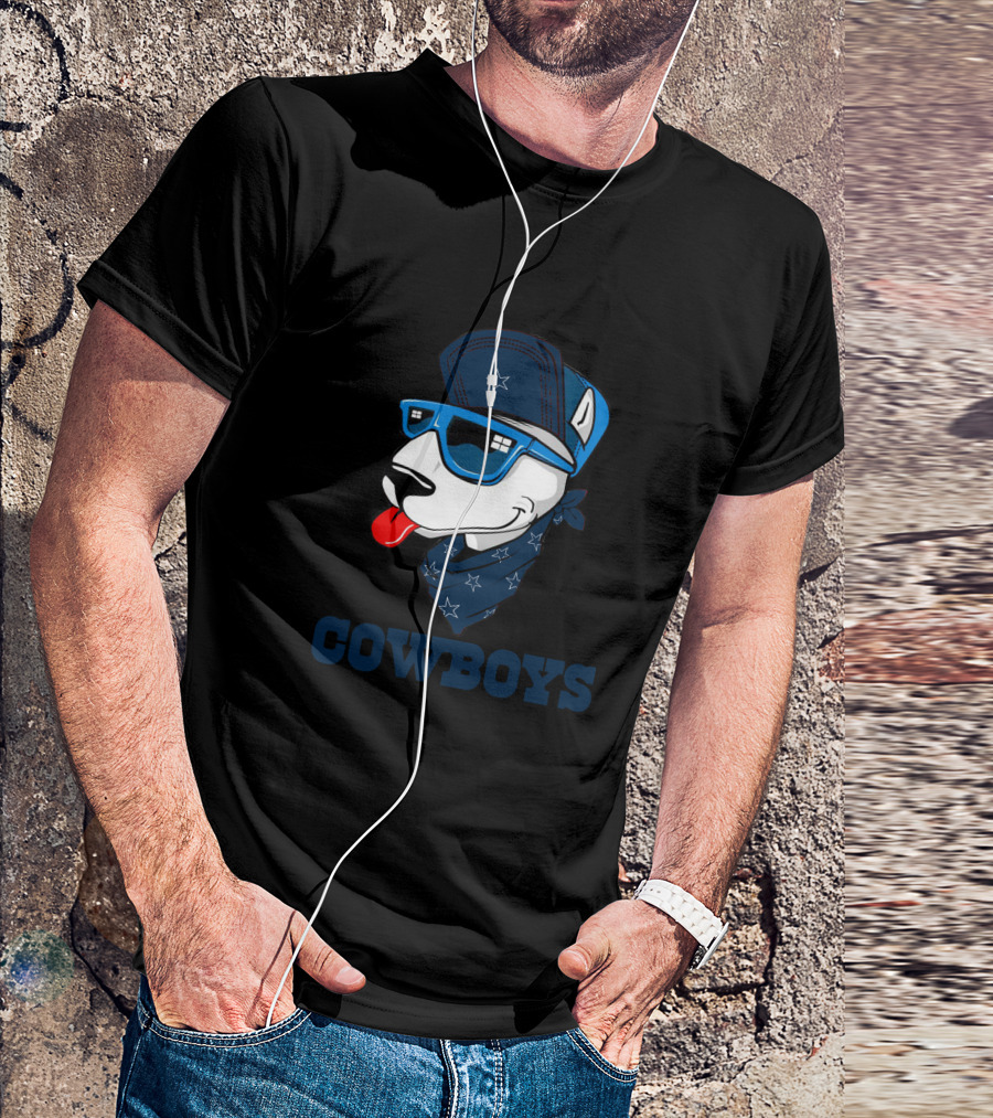 Cowboys Bull Terrier In Blue Sunglasses And Bandana T-Shirt