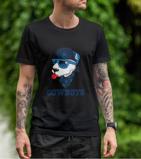 Cowboys Bull Terrier In Blue Sunglasses And Bandana T-Shirt