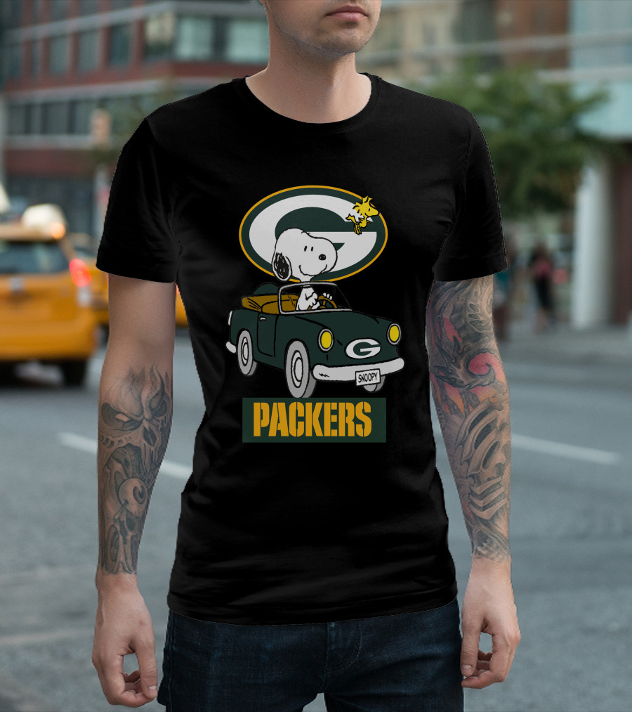 Packers Snoopy Driving Car with Woodstock and Packers T-Shirt