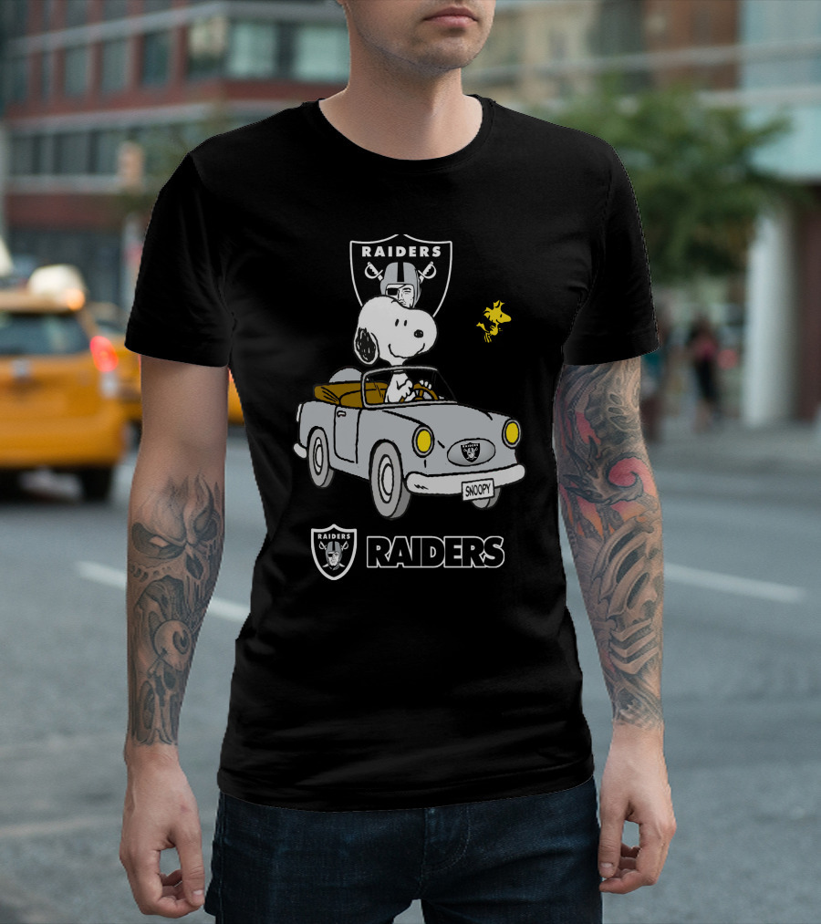 Raiders Snoopy Driving Cartoon with Woodstock and NFL T-Shirt