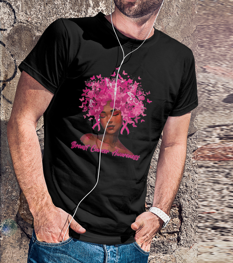 Black Queen Breast Cancer Awareness Month Butterflies Pink T-Shirt