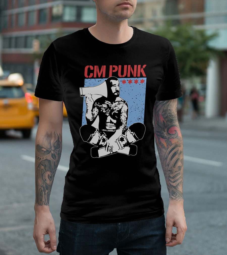CM Punk AEW All Elite Wrestling Megaphone Graphic With Red Stars T-Shirt