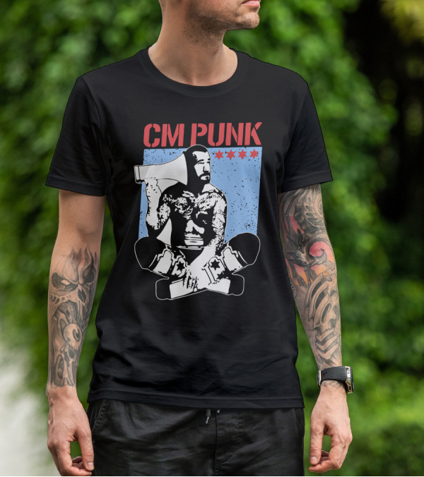 CM Punk AEW All Elite Wrestling Megaphone Graphic With Red Stars T-Shirt