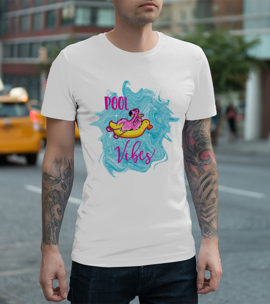 Pool Vibes Flamingo on Inflatable Duck with Blue Swirl Background T-Shirt