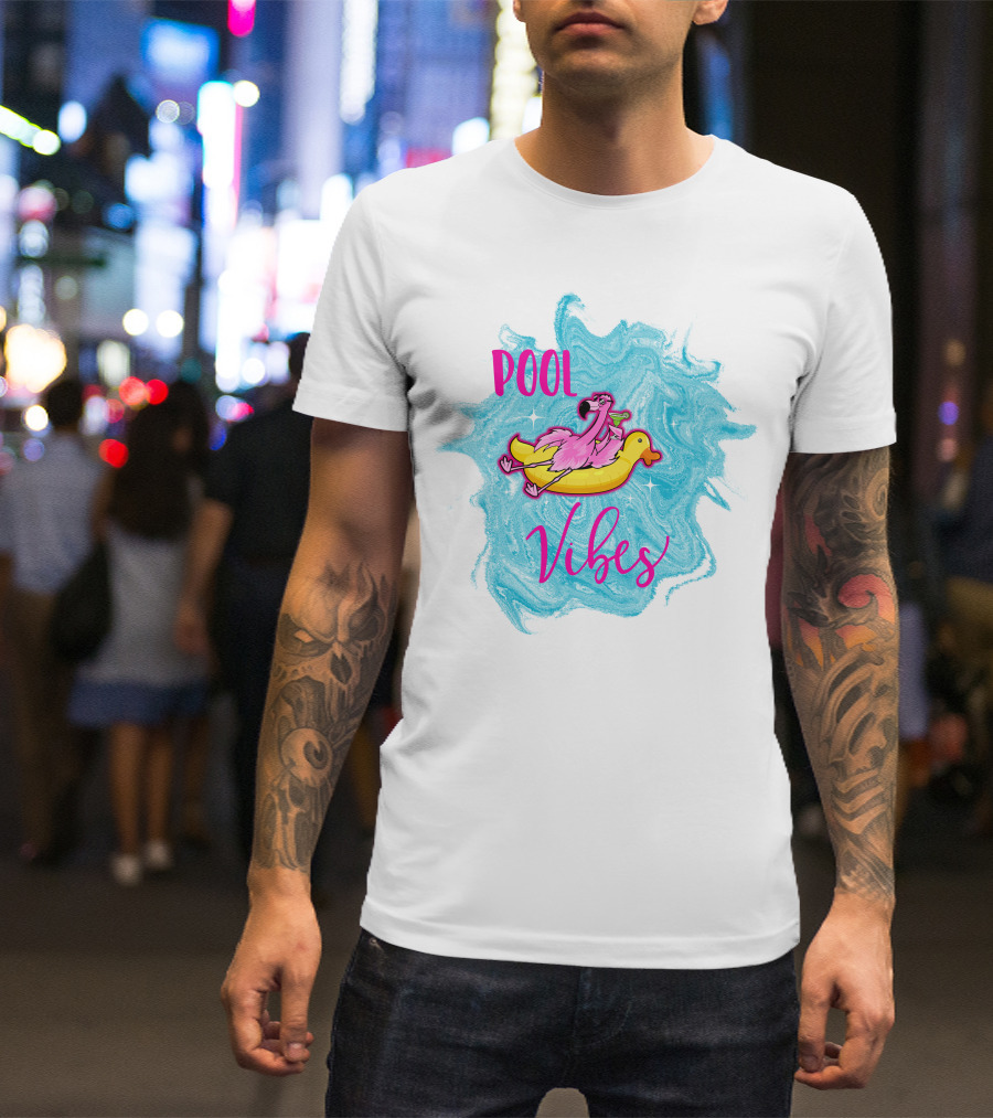Pool Vibes Flamingo On Inflatable Duck With Blue Swirl Background T-Shirt
