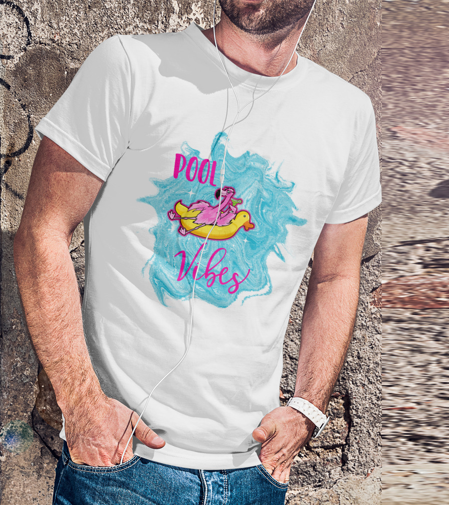 Pool Vibes Flamingo On Inflatable Duck With Blue Swirl Background T-Shirt