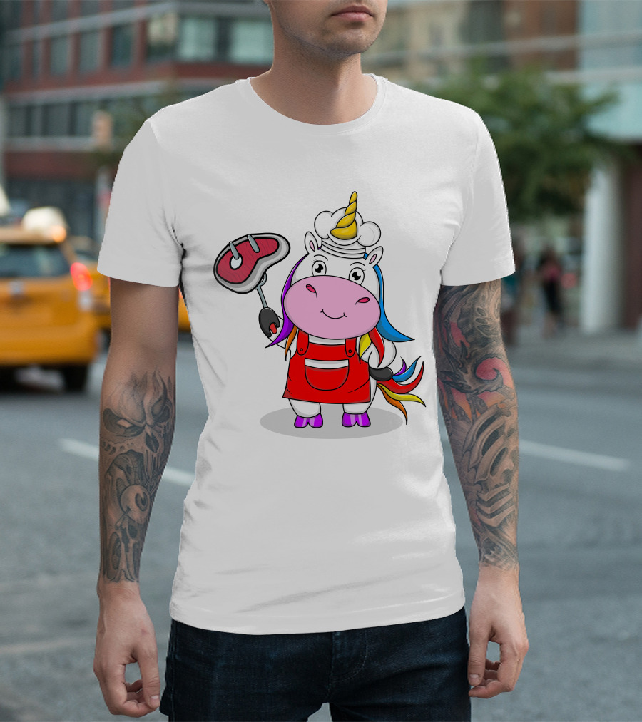 Barbecue Unicorn Chef with Rainbow Mane and Grilled Steak T-Shirt