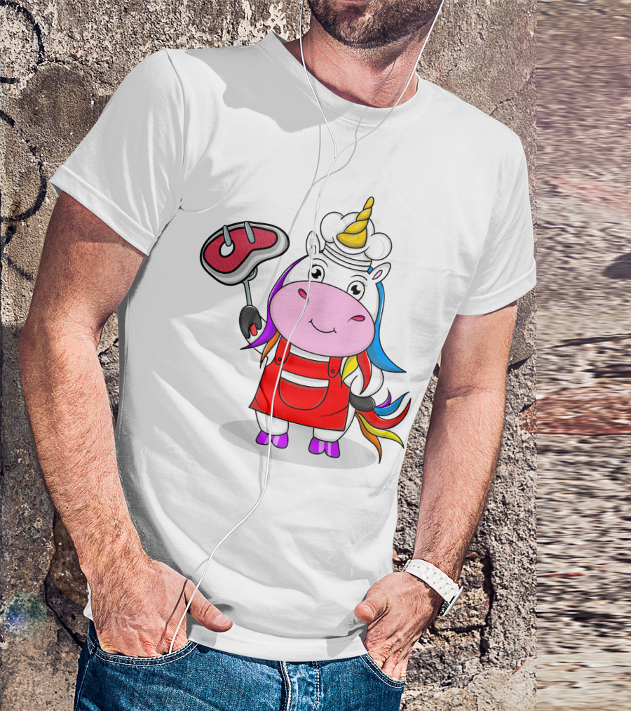 Barbecue Unicorn Chef With Rainbow Mane And Grilled Steak T-Shirt