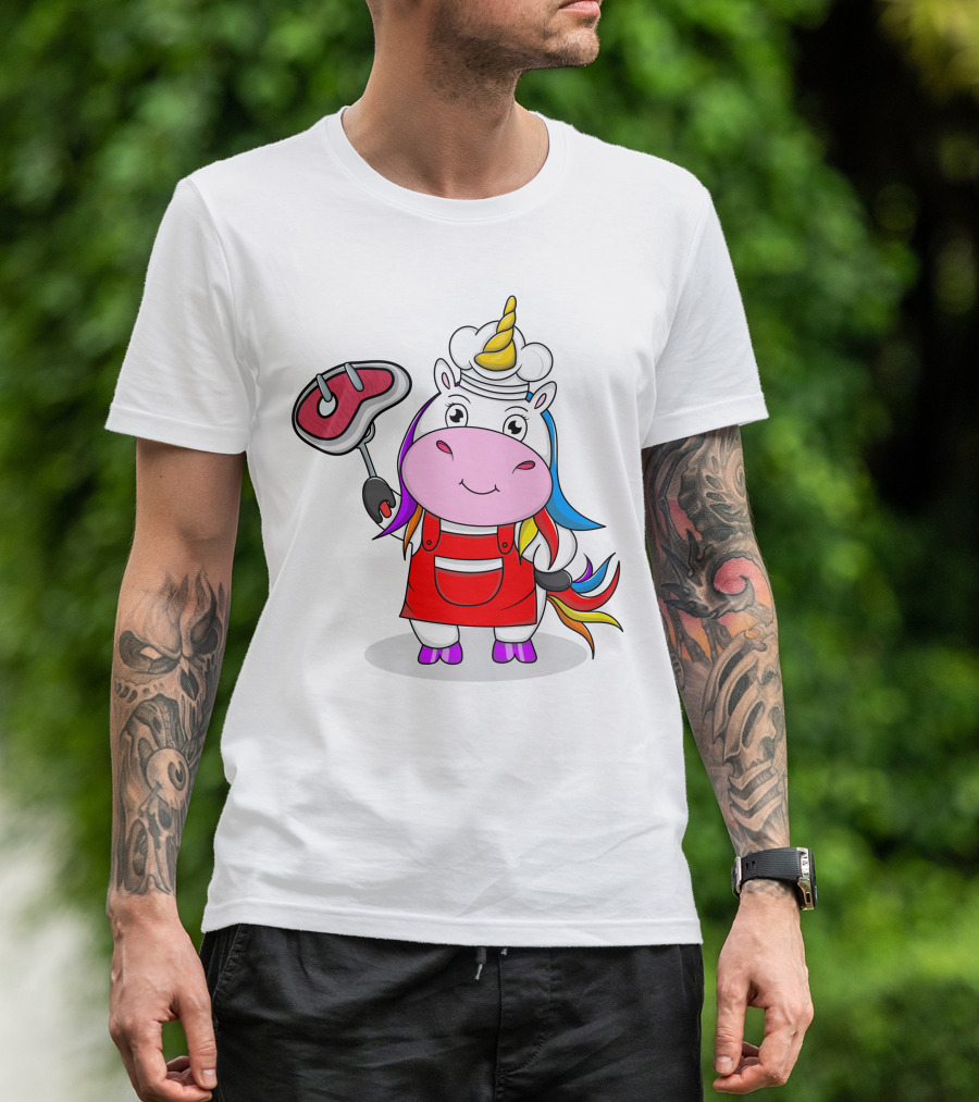 Barbecue Unicorn Chef With Rainbow Mane And Grilled Steak T-Shirt