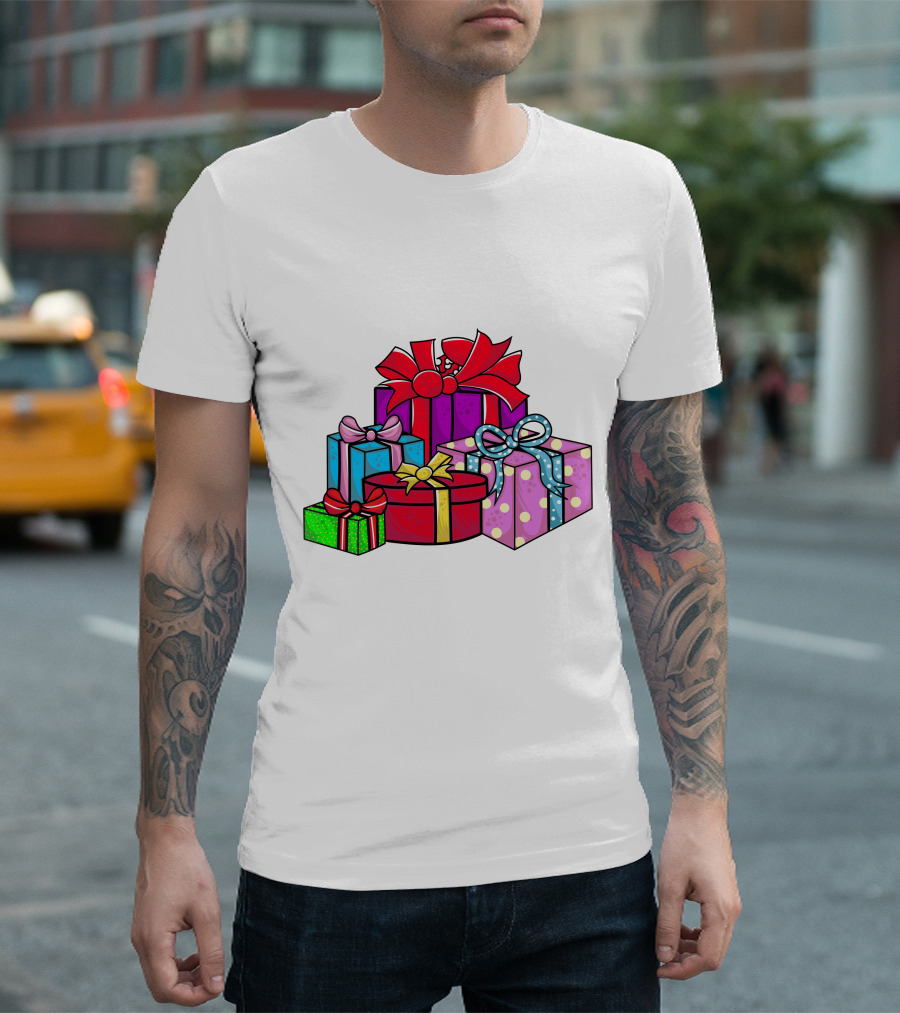 Christmas Presents with Bright Bows and Polka Dots T-Shirt