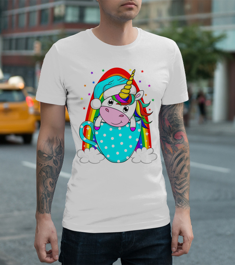 Christmas Unicorn In Cup Rainbow Santa Hat Stars T-Shirt