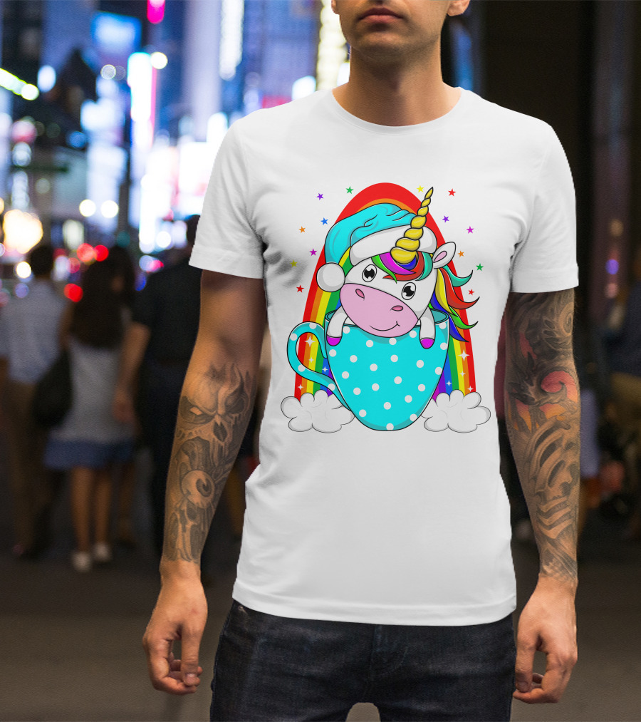 Christmas Unicorn In Cup Rainbow Santa Hat Stars T-Shirt