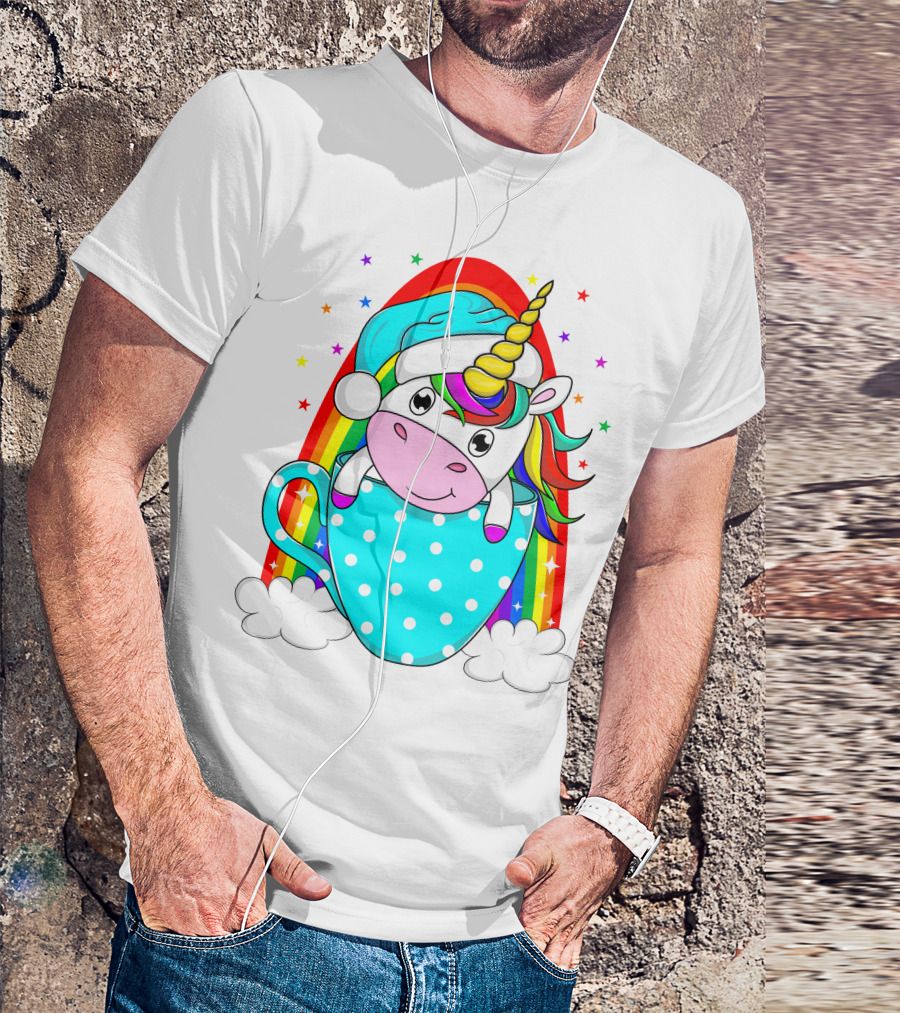 Christmas Unicorn In Cup Rainbow Santa Hat Stars T-Shirt