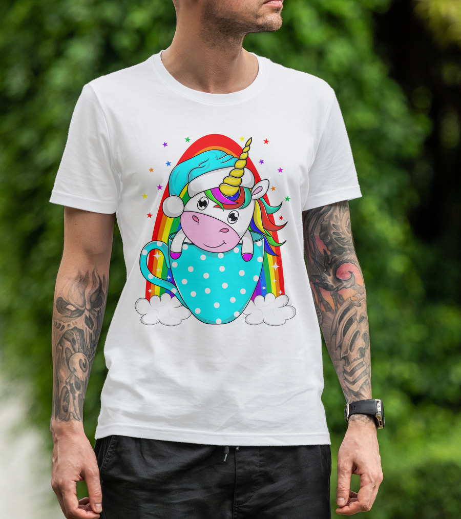Christmas Unicorn In Cup Rainbow Santa Hat Stars T-Shirt