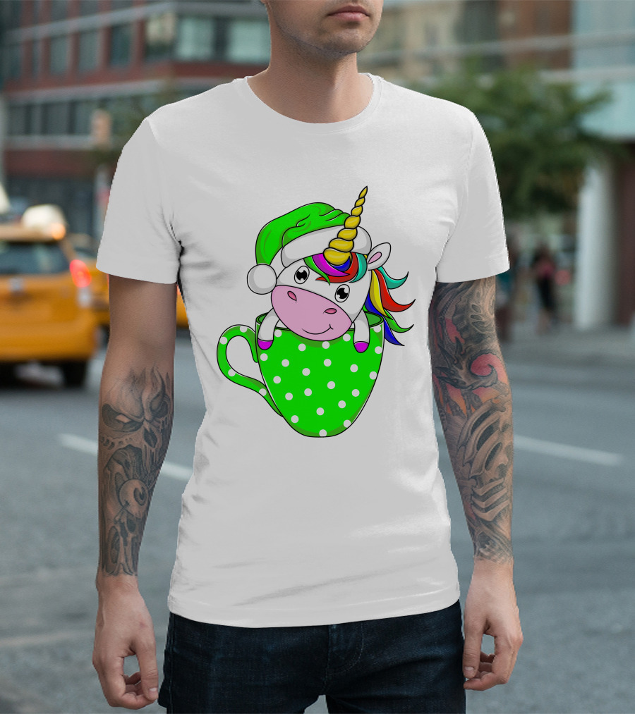 Funny Christmas Unicorn in Santa Hat with Green Polka Dot Cup T-Shirt