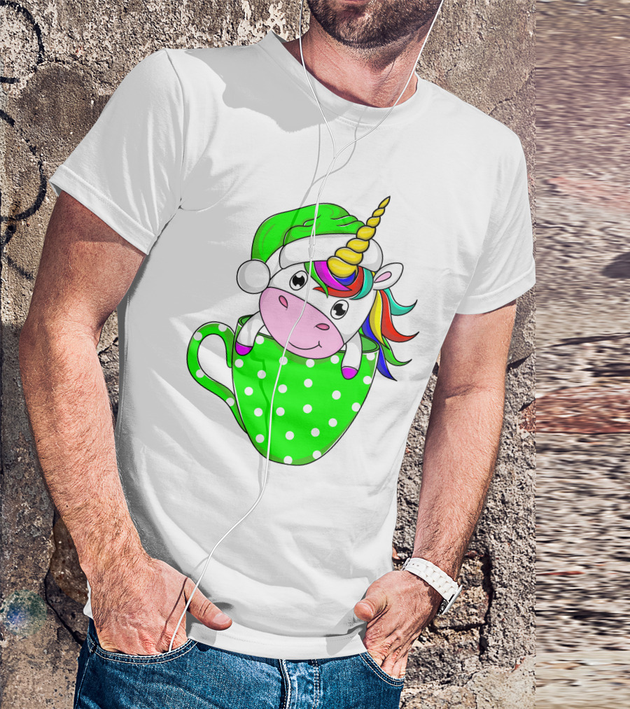 Funny Christmas Unicorn In Santa Hat With Green Polka Dot Cup T-Shirt