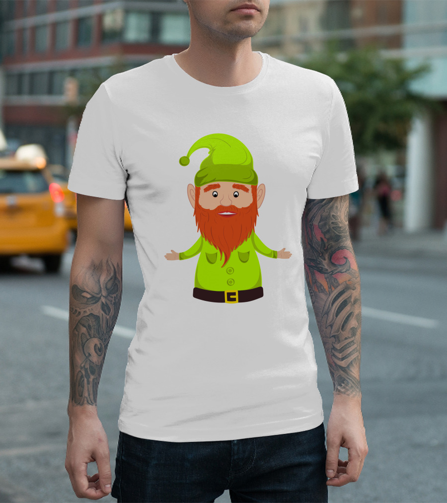 Gnome ELF Christmas Bright Green Hat Brown Belt Red Beard T-Shirt