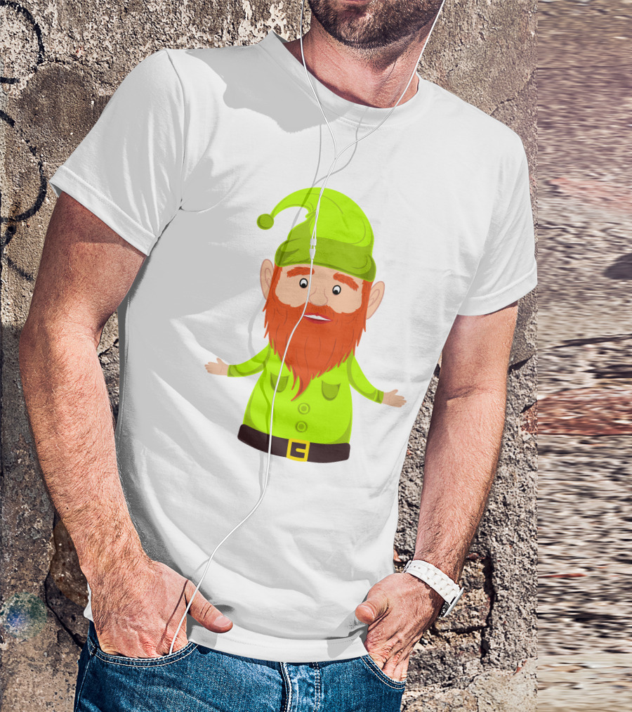 Gnome ELF Christmas Bright Green Hat Brown Belt Red Beard T-Shirt