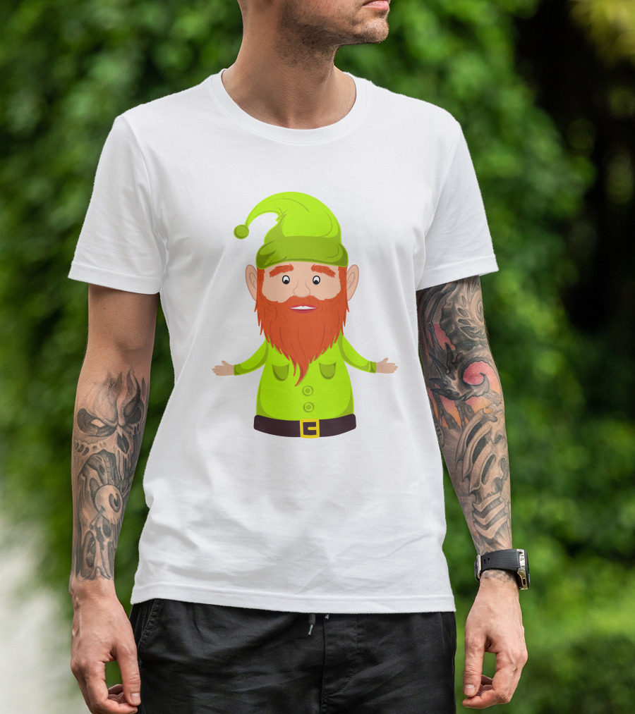 Gnome ELF Christmas Bright Green Hat Brown Belt Red Beard T-Shirt
