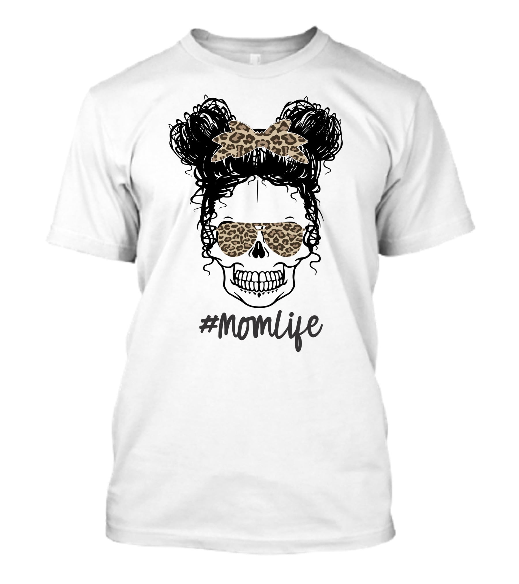 MomLife Messy Bun Skull Leopard Bow Sunglasses T-Shirt