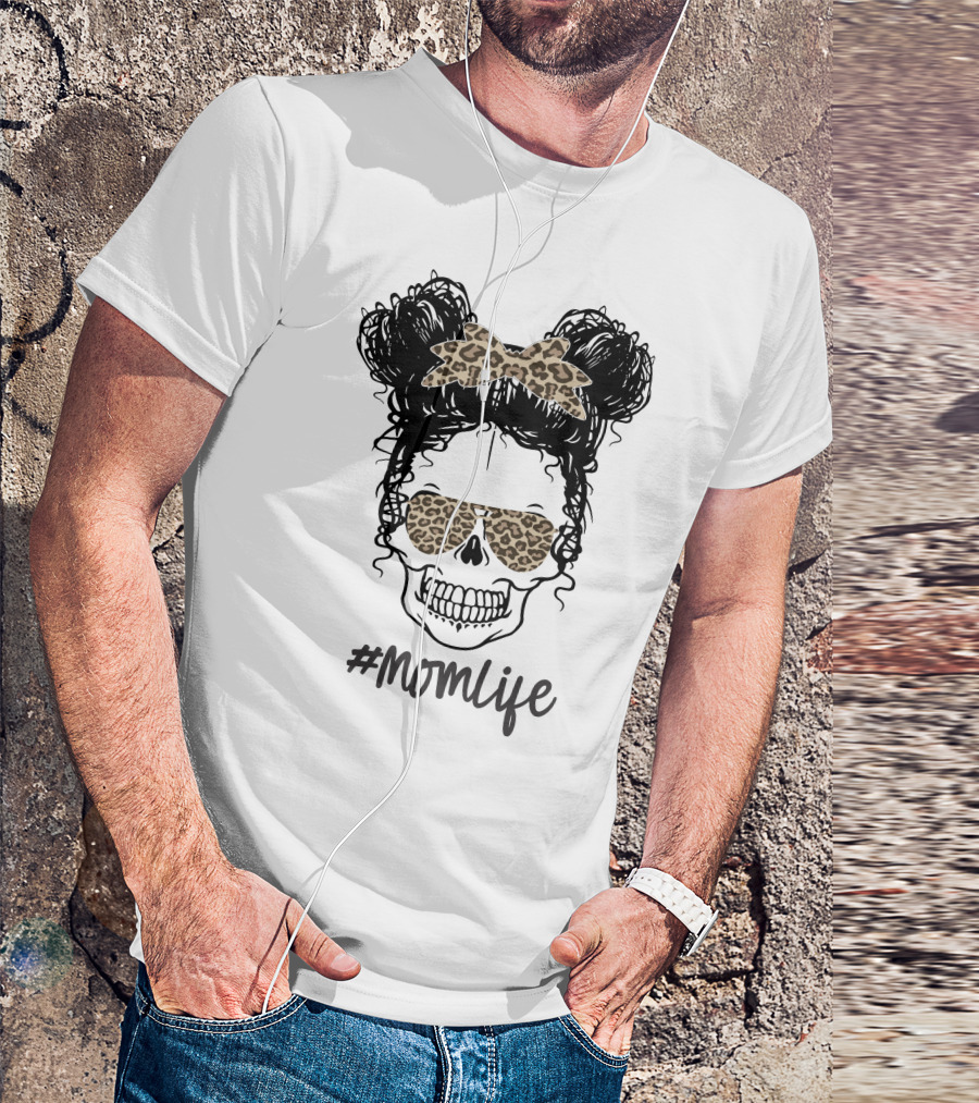 MomLife Messy Bun Skull Leopard Bow Sunglasses T-Shirt