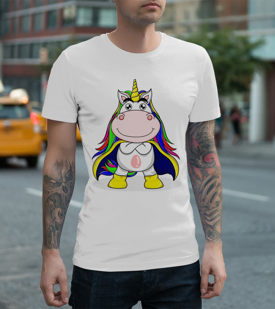 Superhero Unicorn with Rainbow Cape and Yellow Boots T-Shirt