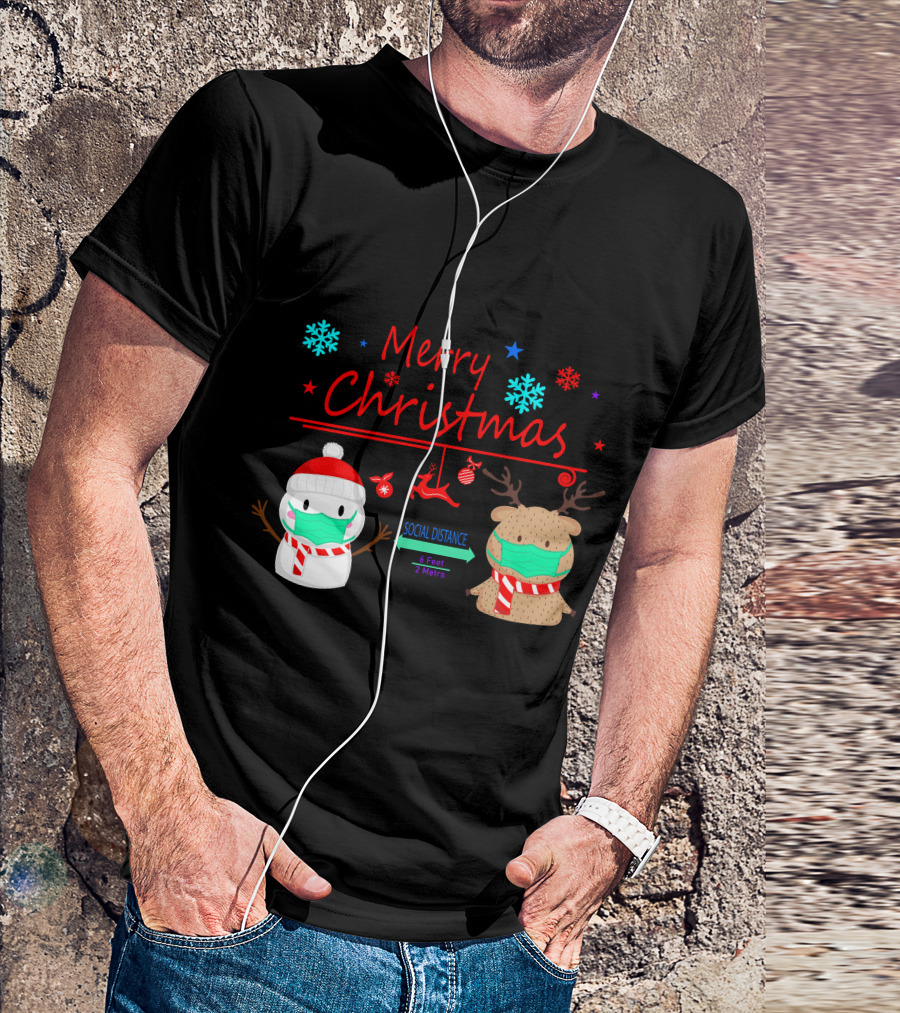 Merry Christmas Social Distance Snowman And Reindeer With Masks T-Shirt