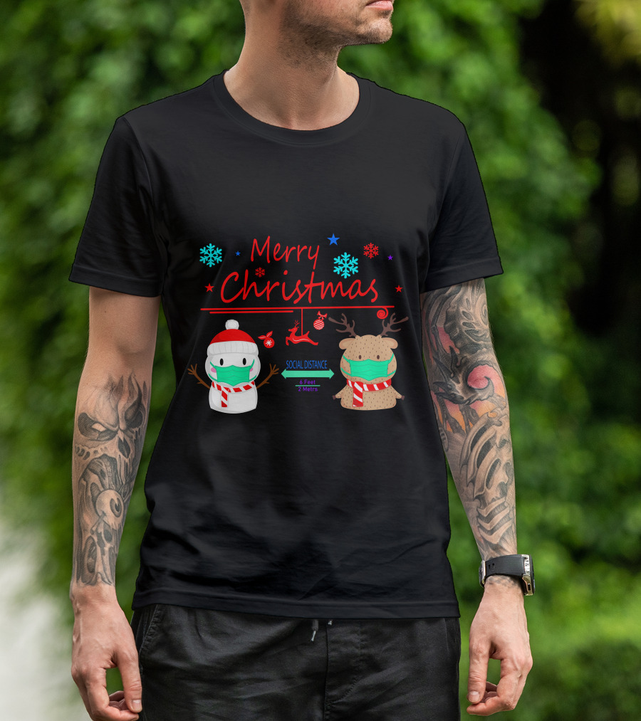 Merry Christmas Social Distance Snowman And Reindeer With Masks T-Shirt