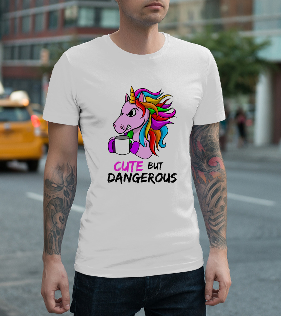 Cute But Dangerous Pink Unicorn with Rainbow Mane and Coffee Mug T-Shirt